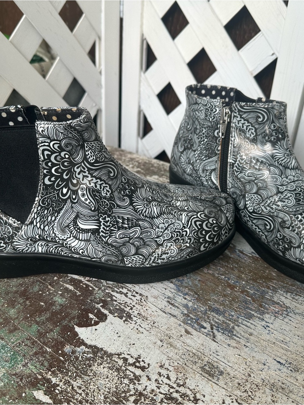 Allegria Black & White Doodle Print Waterproof Ankle Boots